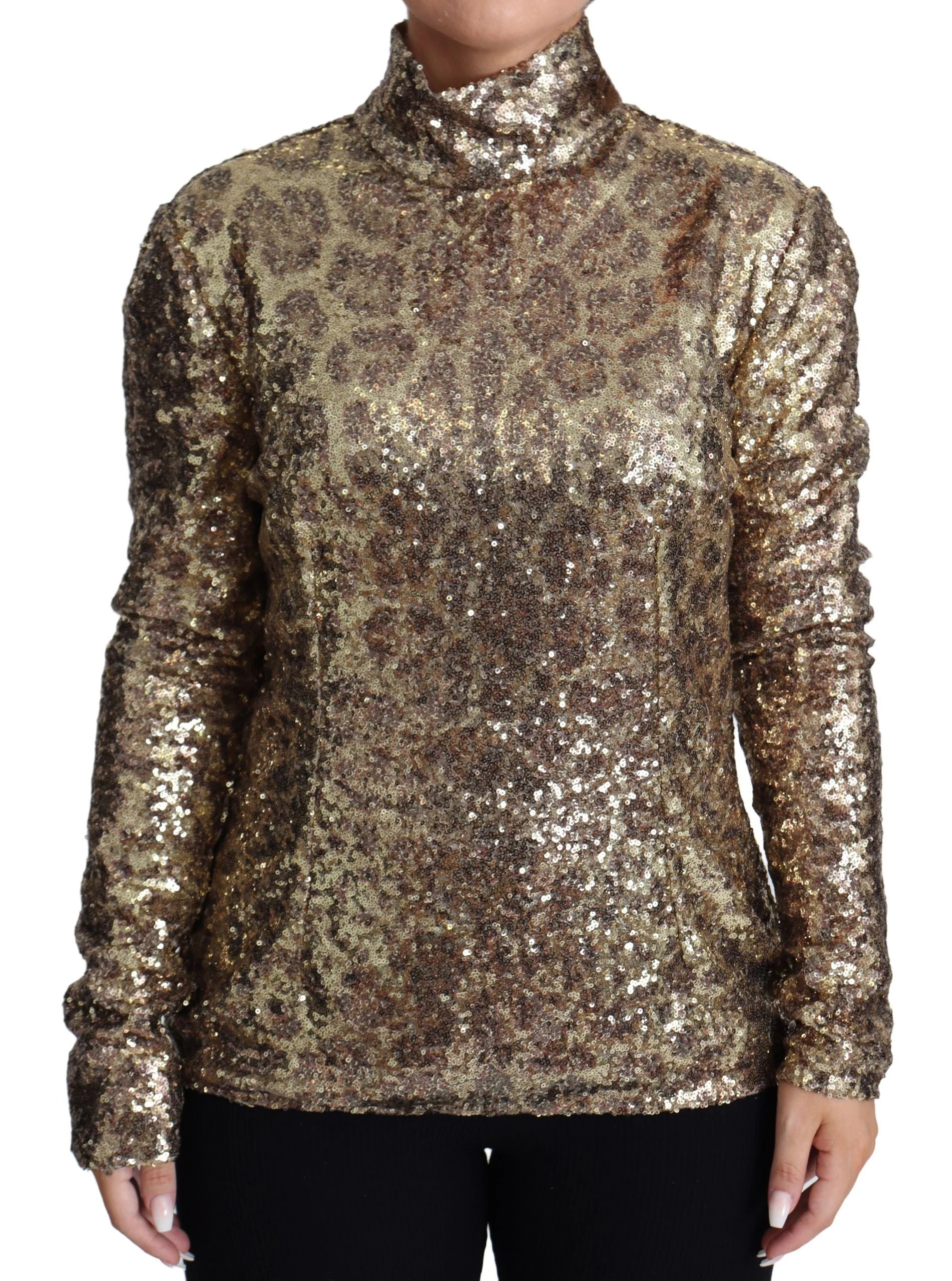 Dolce & Gabbana Brown Leopard Fit Turtleneck Sequin Sweater - IT46|XL - Sweaters