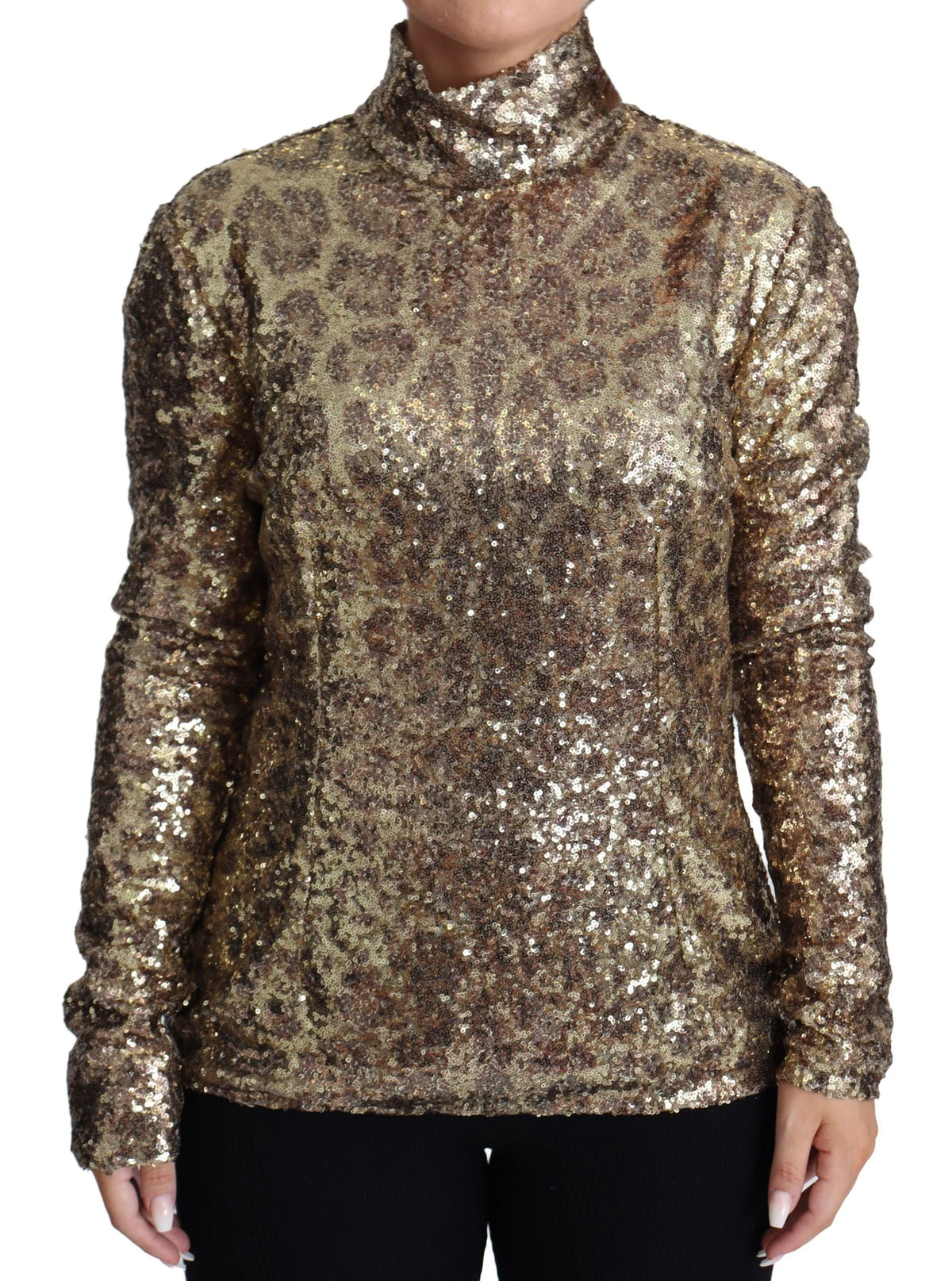 Dolce & Gabbana Brown Leopard Fit Turtleneck Sequin Sweater - IT46|XL - Sweaters