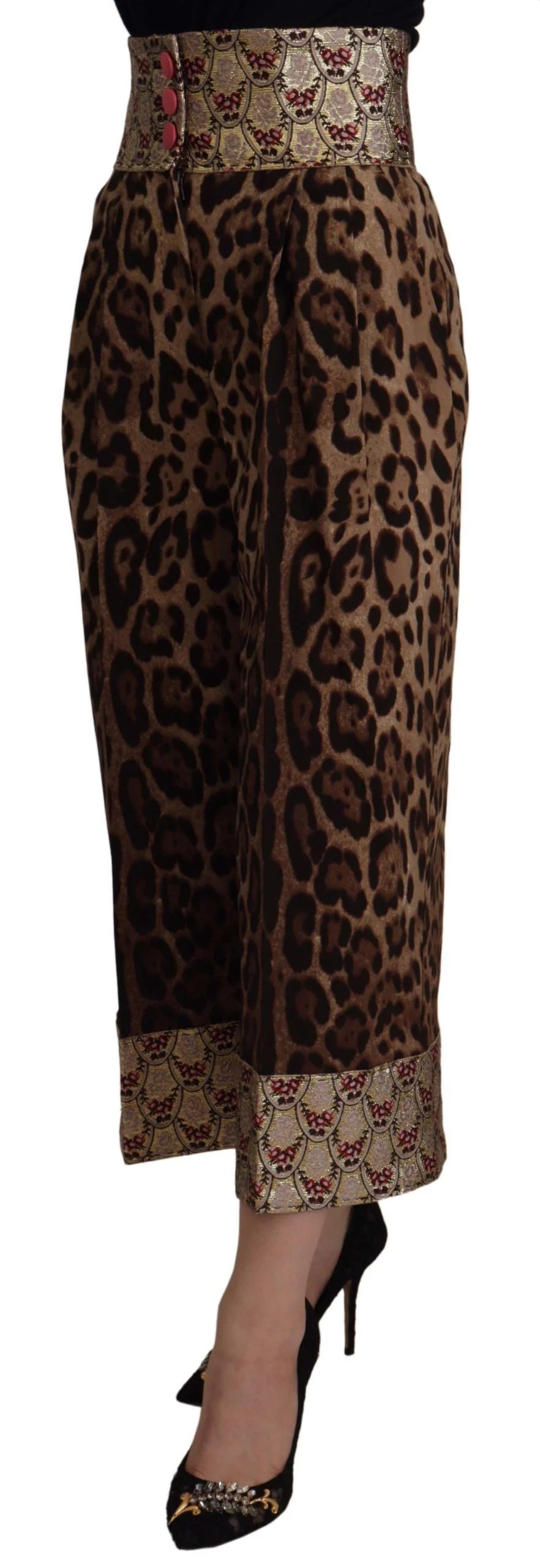 Dolce & Gabbana Brown Leopard Gold Jacquard High Waist Pants - Trousers