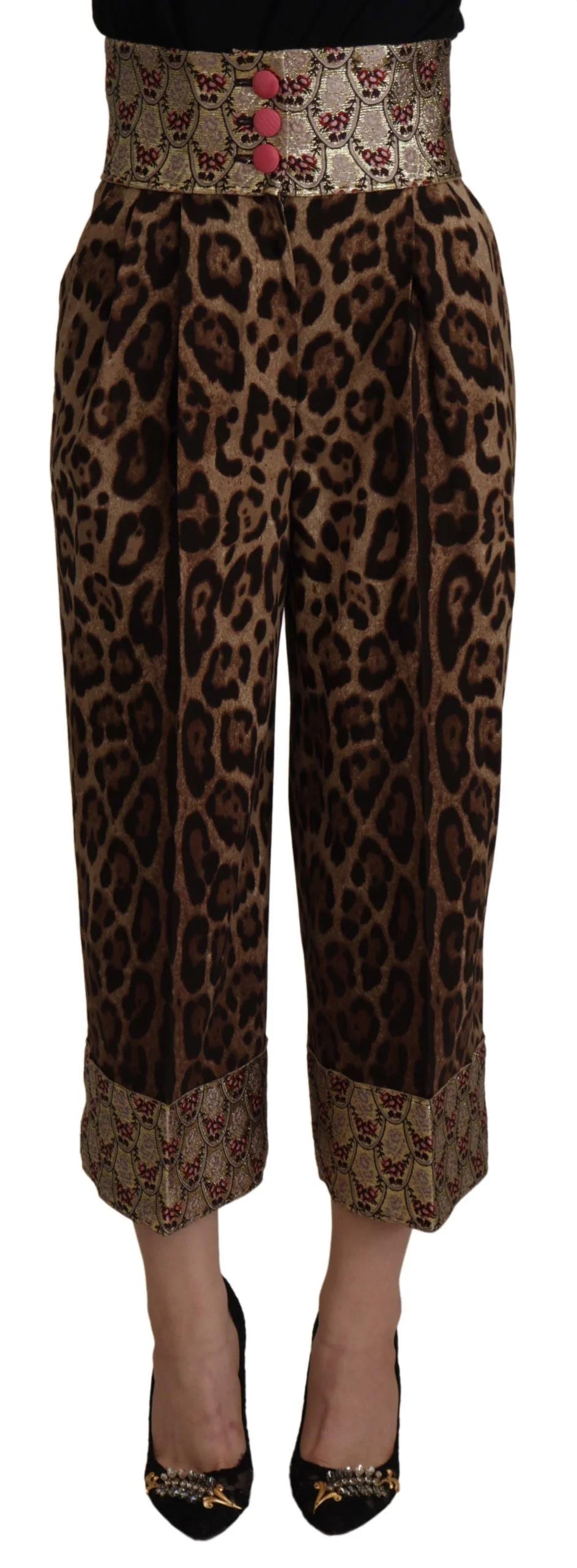 Dolce & Gabbana Brown Leopard Gold Jacquard High Waist Pants - Trousers