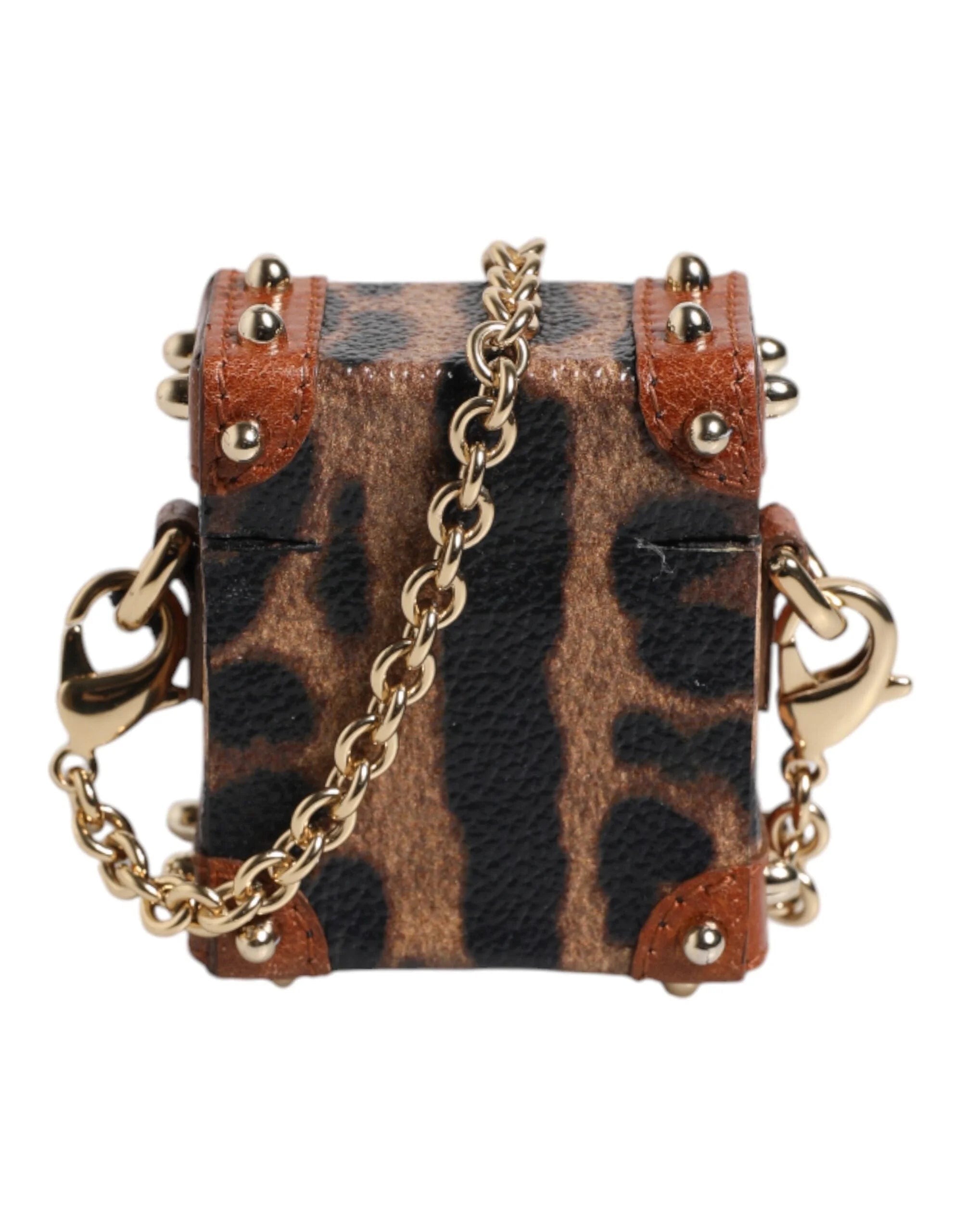 Dolce & Gabbana Brown Leopard Metal Logo Plaque Gold Chain Airpods Case - Headphone Carrying Cases