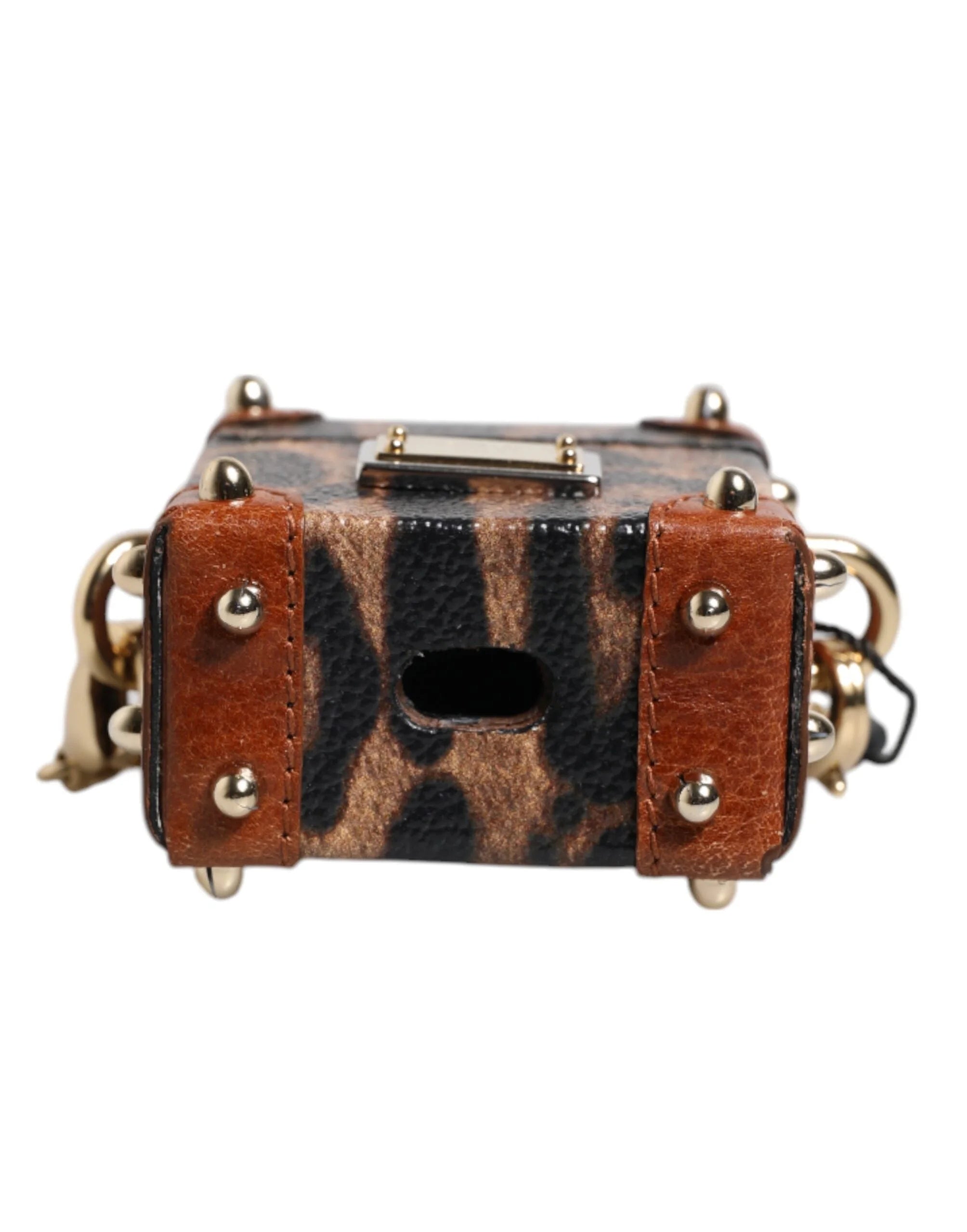 Dolce & Gabbana Brown Leopard Metal Logo Plaque Gold Chain Airpods Case - Headphone Carrying Cases
