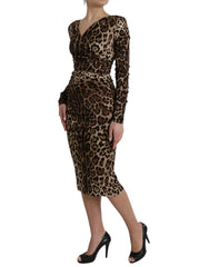 Dolce & Gabbana Brown Leopard Print Bodycon V-neck Midi Dress - IT38 | XS - Dresses
