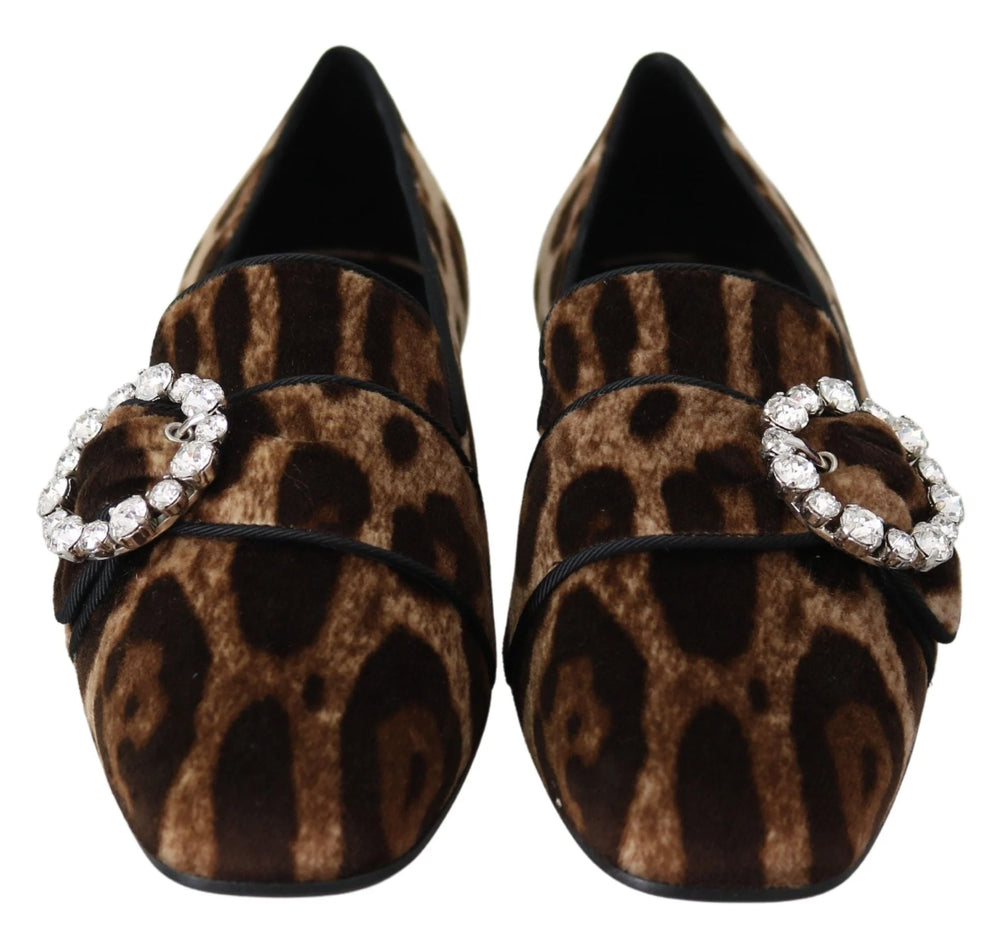 Dolce & Gabbana Brown Leopard Print Crystals Loafers Flats Shoes - EU35/US4.5 - Flats