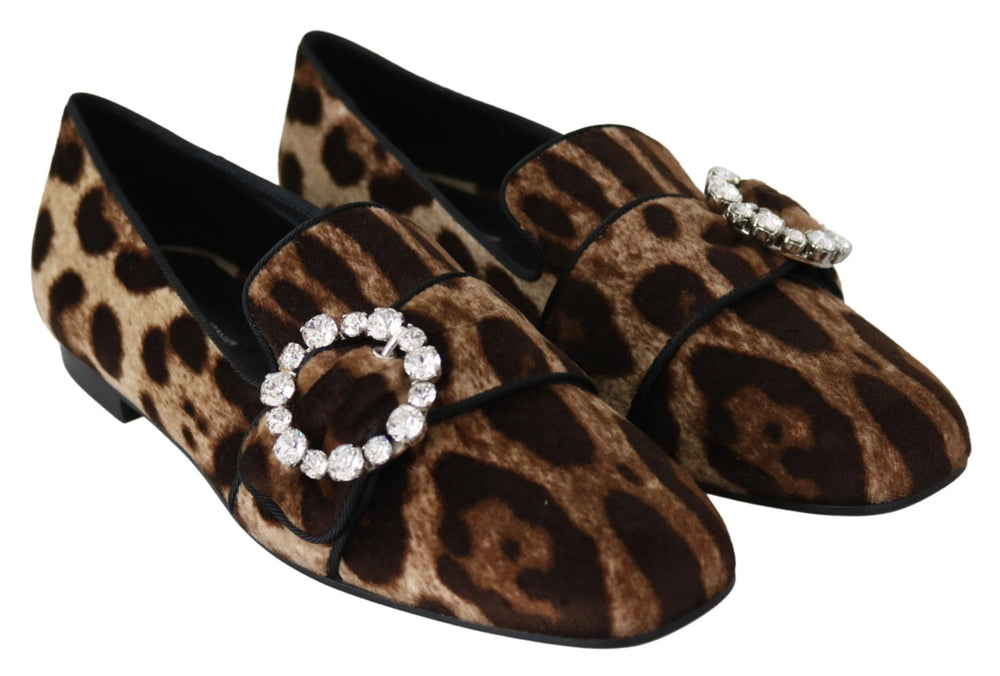 Dolce & Gabbana Brown Leopard Print Crystals Loafers Flats Shoes - EU35/US4.5 - Flats