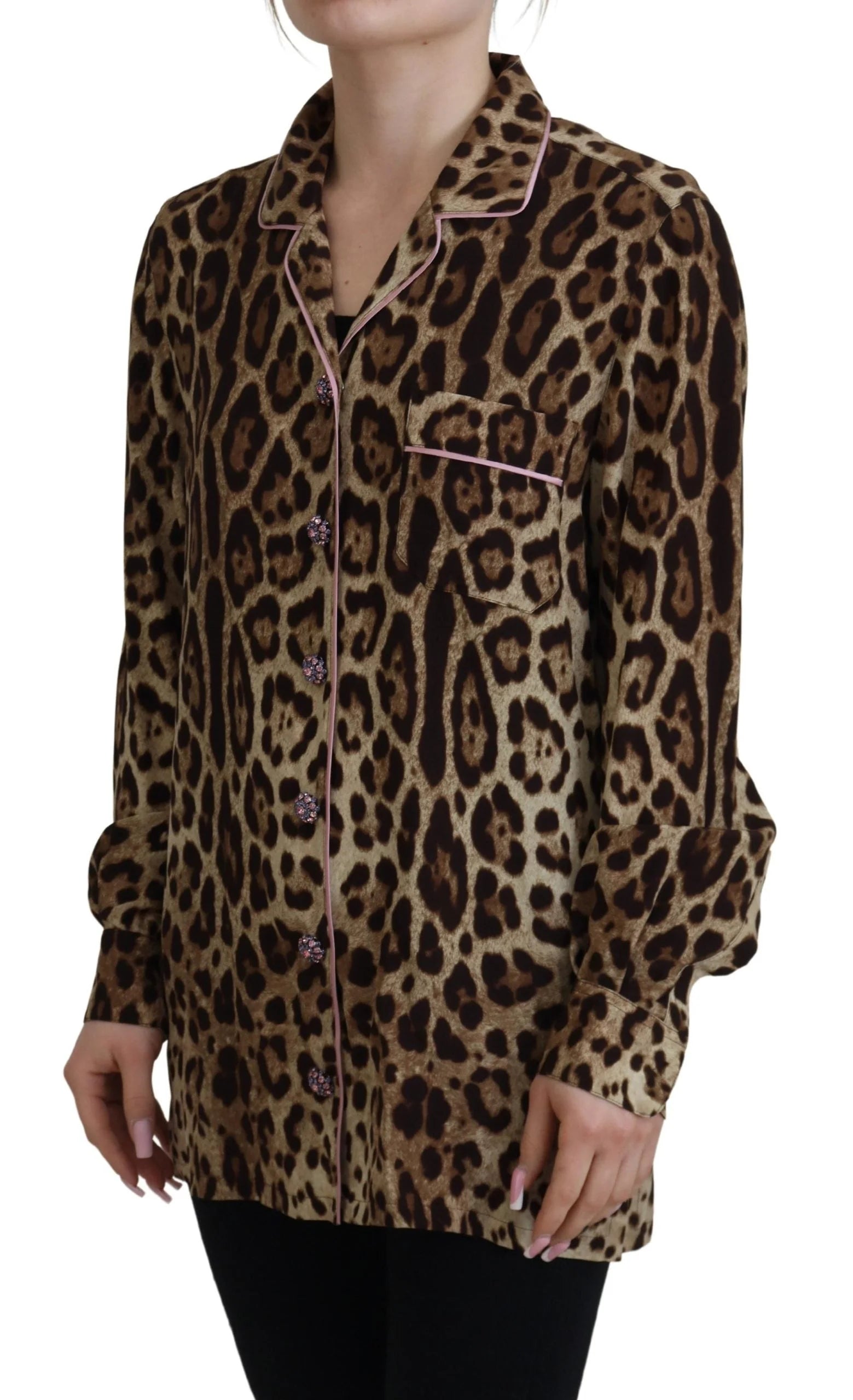 Dolce & Gabbana Brown Leopard Print Long Sleeves Blouse Top - IT38 | XS - Blouses