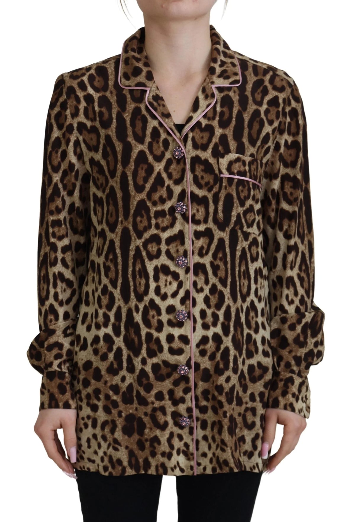 Dolce & Gabbana Brown Leopard Print Long Sleeves Blouse Top - IT38 | XS - Blouses