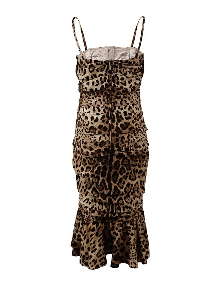 Dolce & Gabbana Brown Leopard Print Ruched Midi Dress - Dresses