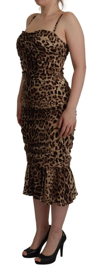 Dolce & Gabbana Brown Leopard Print Ruched Midi Dress - Dresses