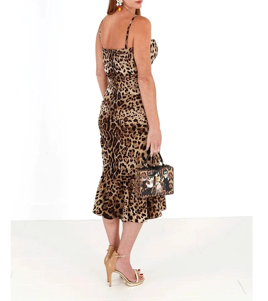 Dolce & Gabbana Brown Leopard Print Ruched Midi Dress - Dresses