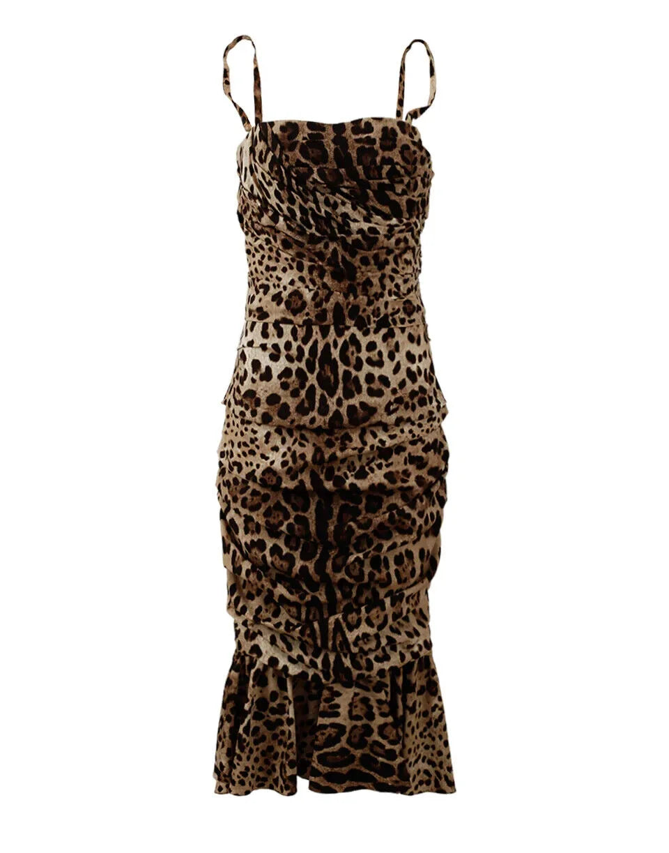 Dolce & Gabbana Brown Leopard Print Ruched Midi Dress - Dresses