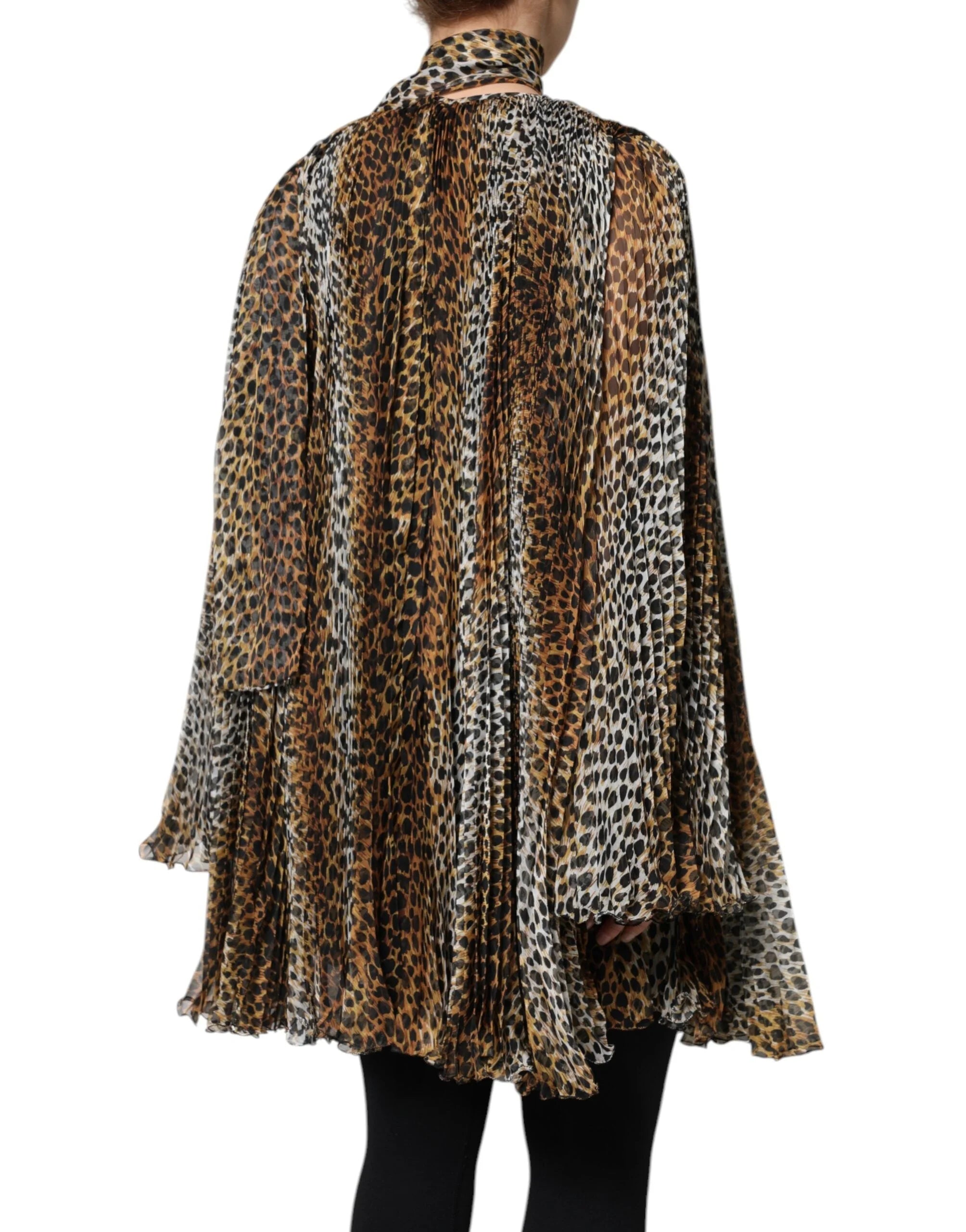 Dolce & Gabbana Brown Leopard Print Scarf Collared Chiffon Dress - Dresses