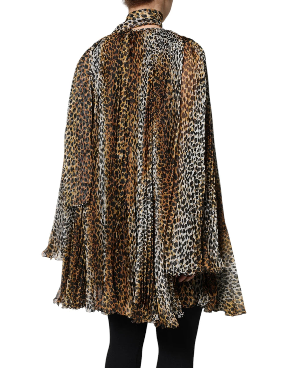 Dolce & Gabbana Brown Leopard Print Scarf Collared Chiffon Dress - Dresses