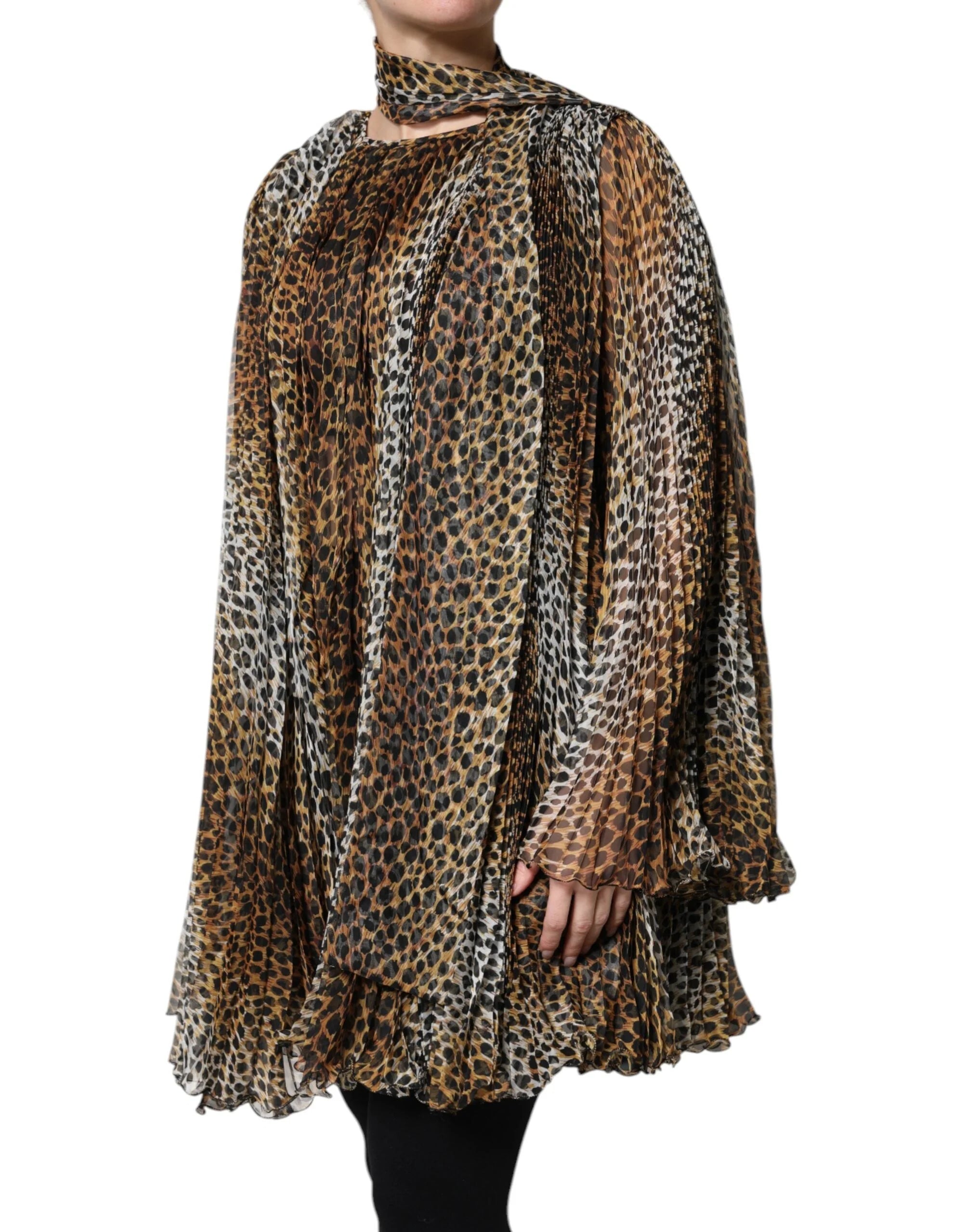 Dolce & Gabbana Brown Leopard Print Scarf Collared Chiffon Dress - Dresses