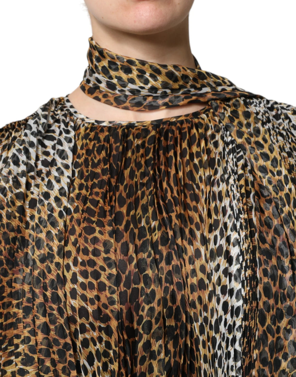 Dolce & Gabbana Brown Leopard Print Scarf Collared Chiffon Dress - Dresses