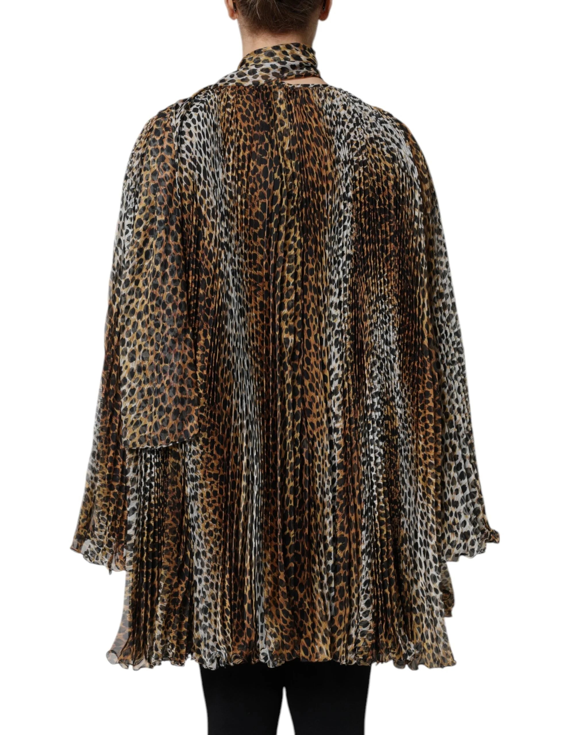 Dolce & Gabbana Brown Leopard Print Scarf Collared Chiffon Dress - Dresses