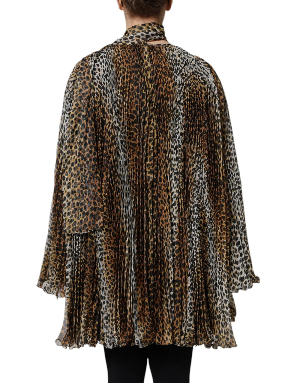 Dolce & Gabbana Brown Leopard Print Scarf Collared Chiffon Dress - Dresses