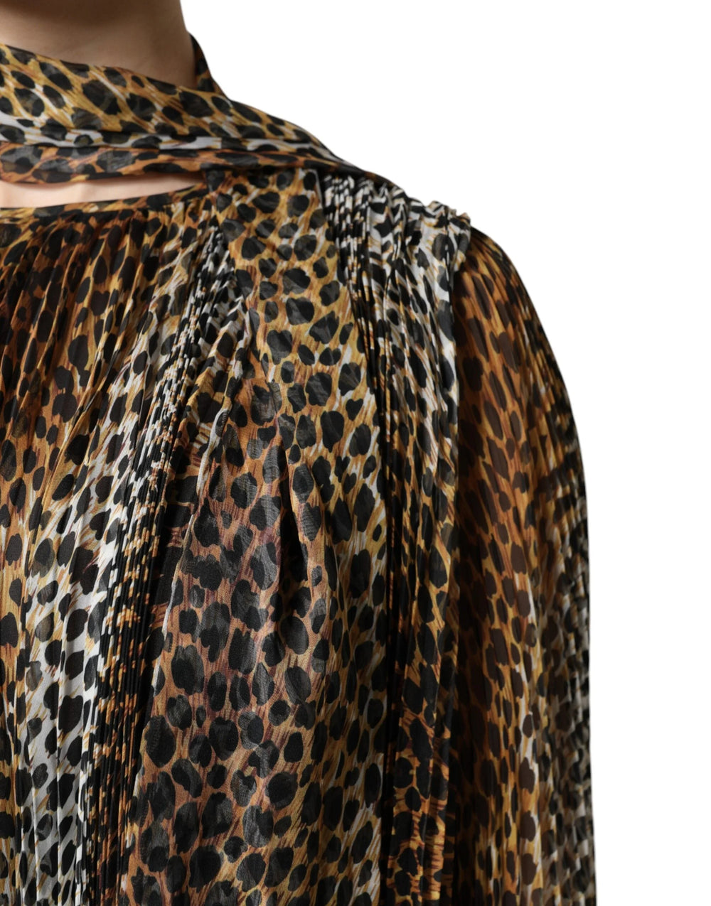 Dolce & Gabbana Brown Leopard Print Scarf Collared Chiffon Dress - Dresses