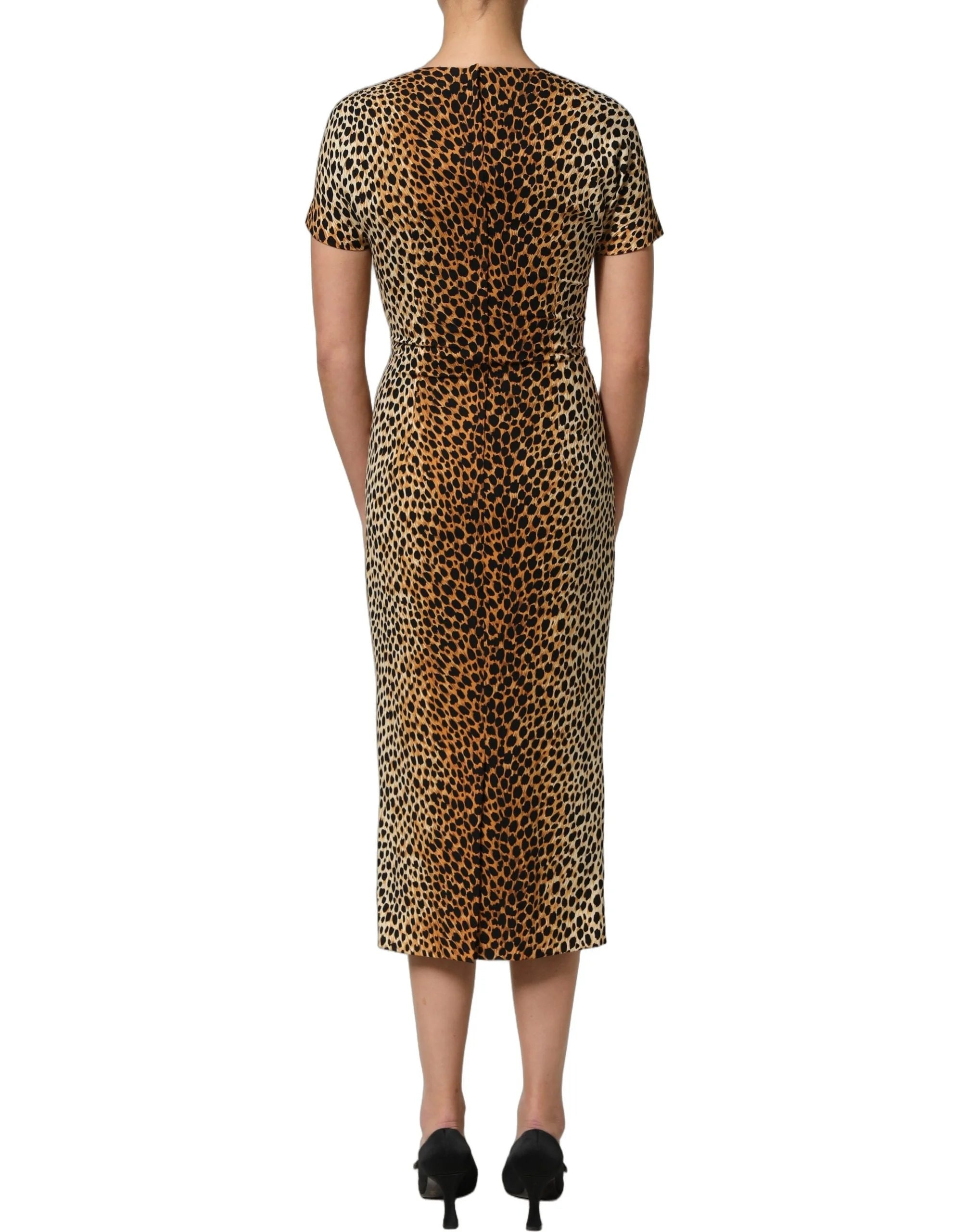 Dolce & Gabbana Brown Leopard Print Silk Sheath Midi Dress - IT38 | XS