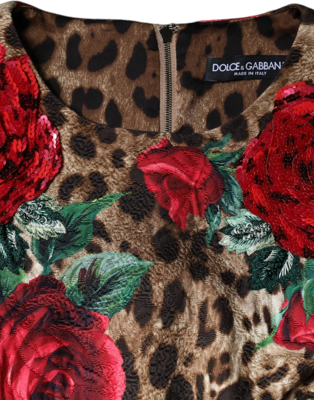 Dolce & Gabbana Brown Leopard Red Roses Cotton A-line Dress - IT40|S - Dresses