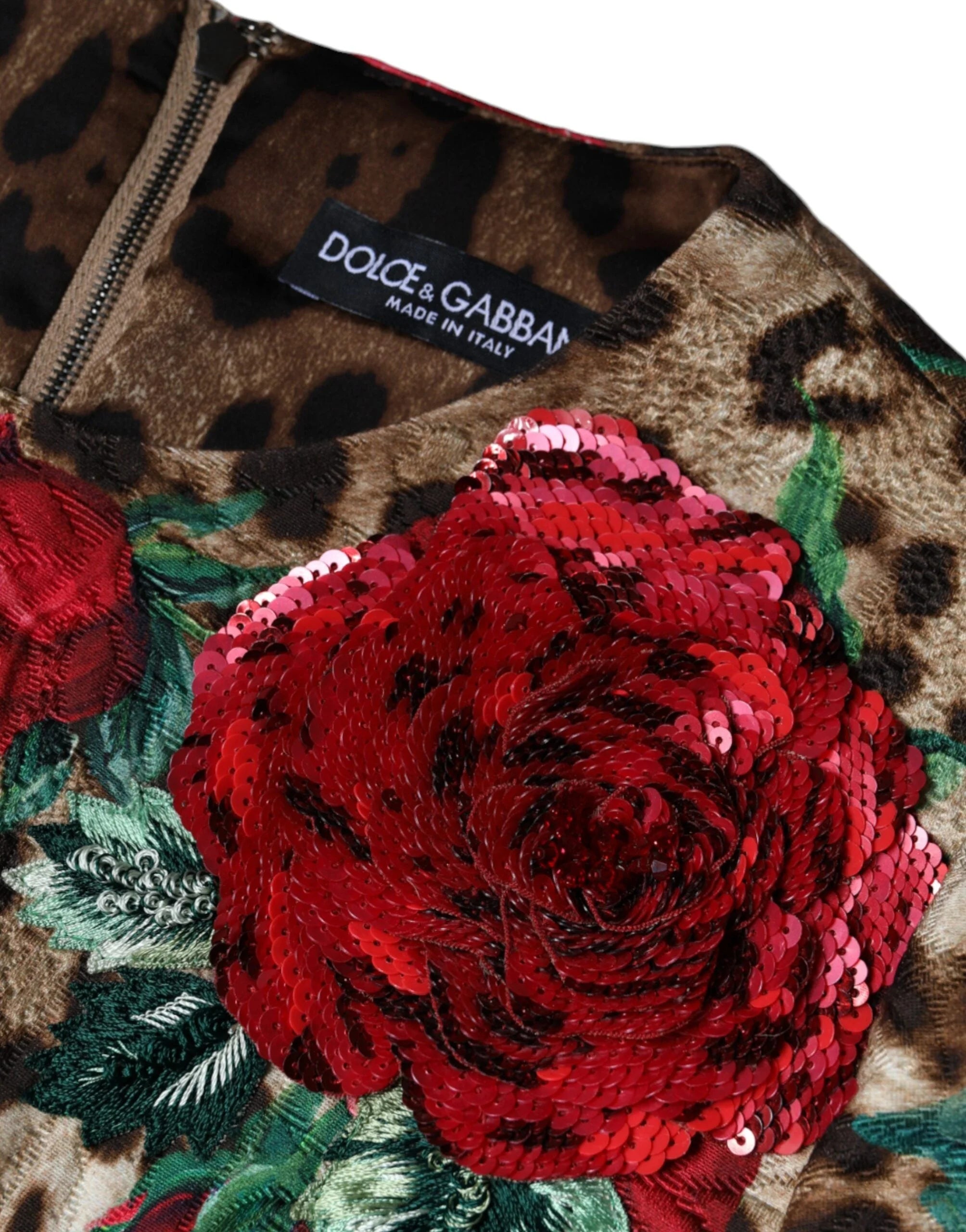 Dolce & Gabbana Brown Leopard Red Roses Cotton A-line Dress - IT40|S - Dresses