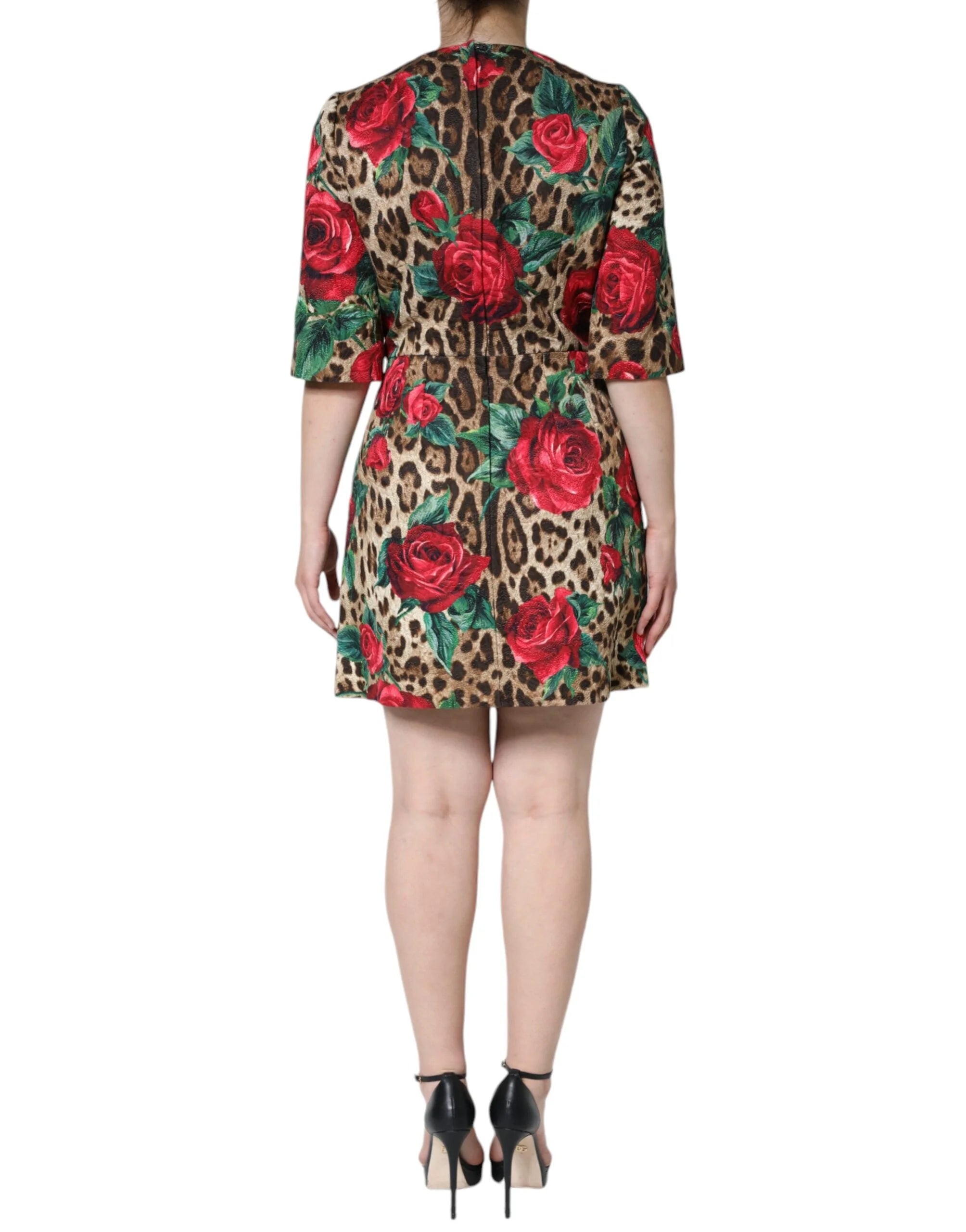 Dolce & Gabbana Brown Leopard Red Roses Cotton A-line Dress - IT40|S - Dresses