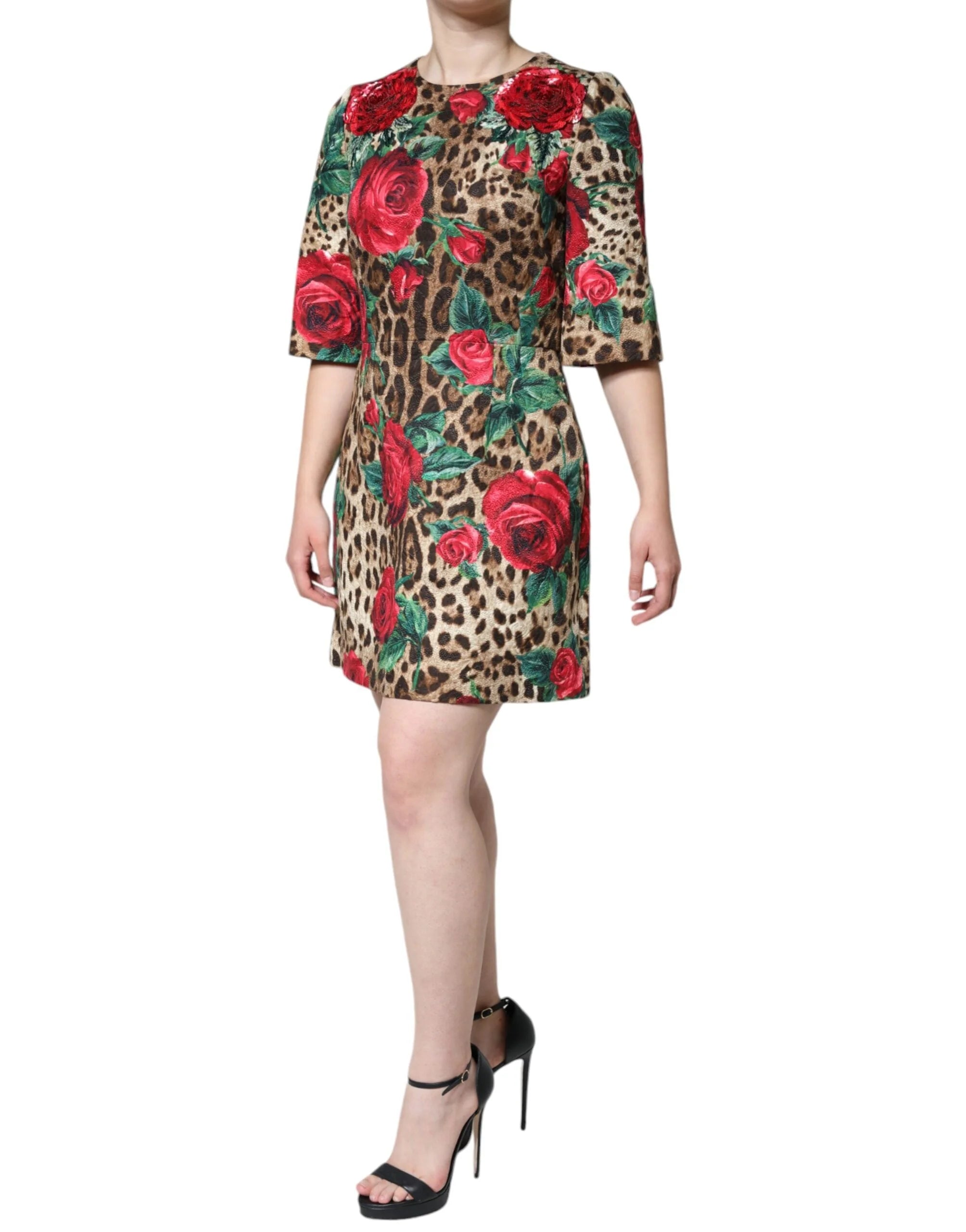 Dolce & Gabbana Brown Leopard Red Roses Cotton A-line Dress - IT40|S - Dresses
