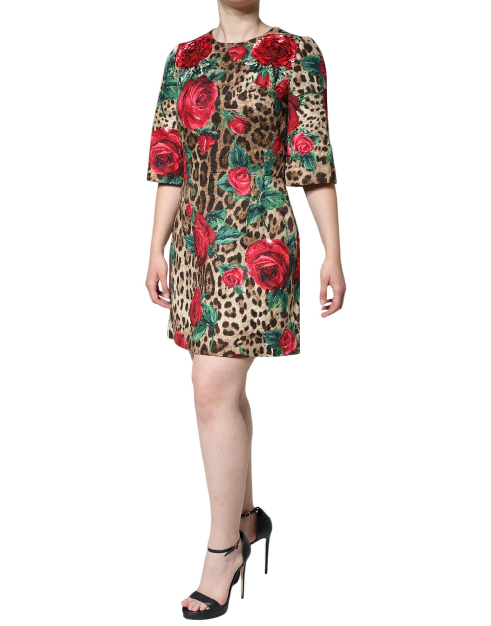 Dolce & Gabbana Brown Leopard Red Roses Cotton A-line Dress - IT40|S - Dresses