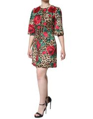 Dolce & Gabbana Brown Leopard Red Roses Cotton A-line Dress - IT40|S - Dresses