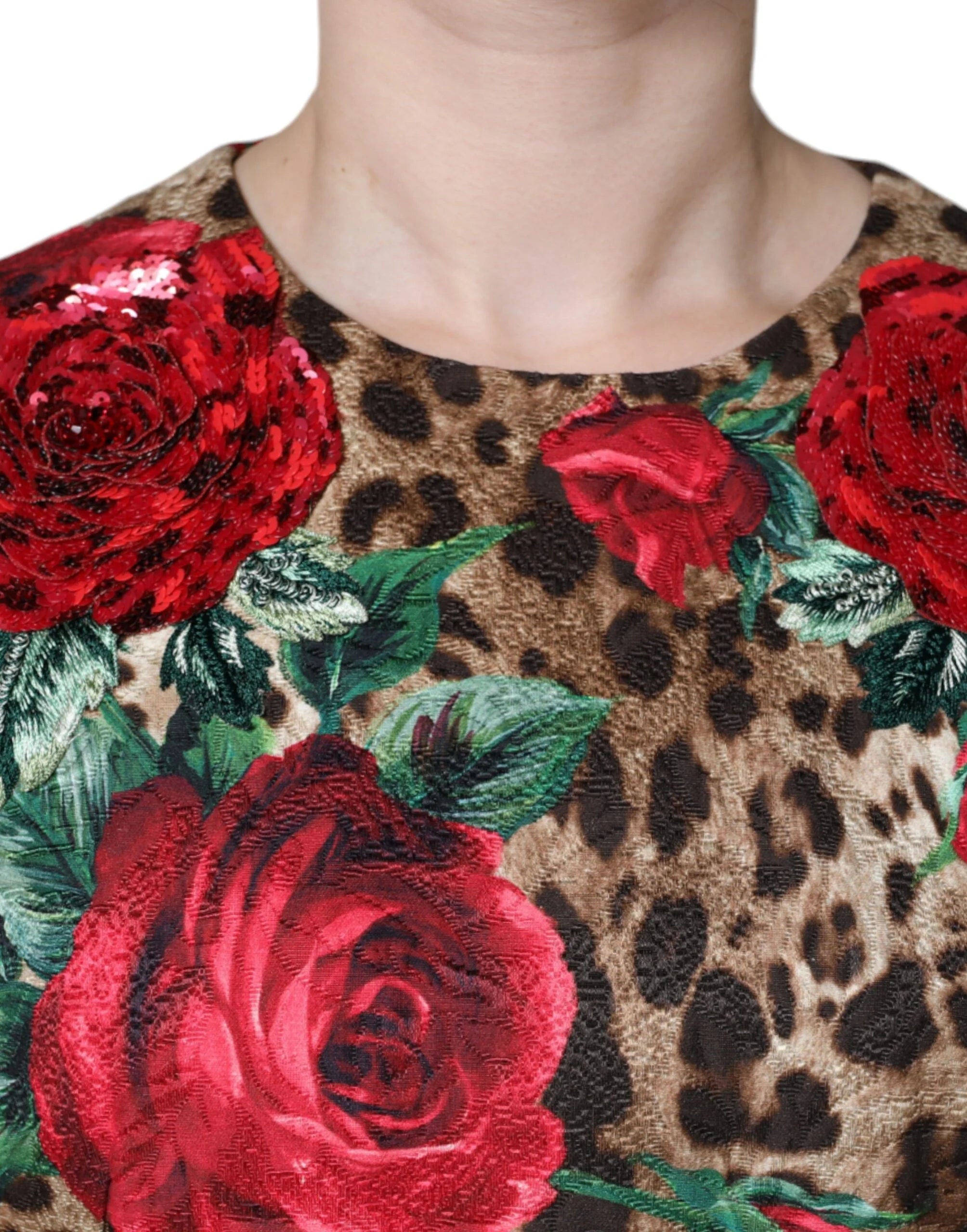 Dolce & Gabbana Brown Leopard Red Roses Cotton A-line Dress - IT40|S - Dresses