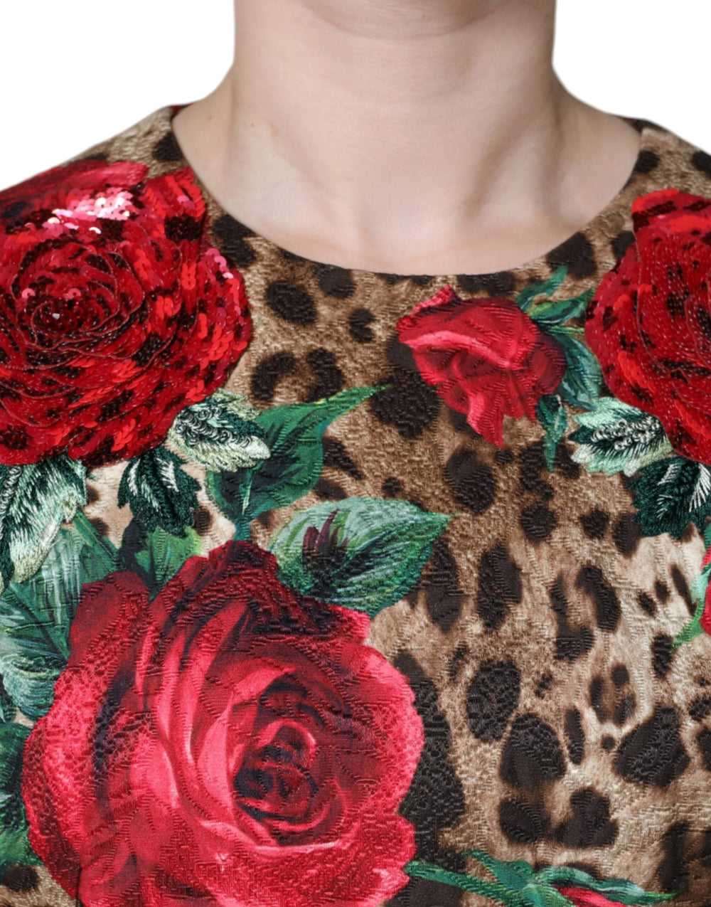 Dolce & Gabbana Brown Leopard Red Roses Cotton A-line Dress - IT40|S - Dresses
