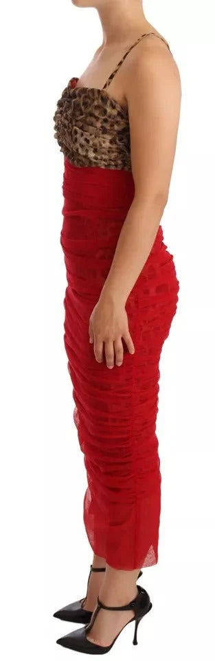 Dolce & Gabbana Brown Leopard Red Tulle Sheath Midi Dress - IT36 | S - Dresses