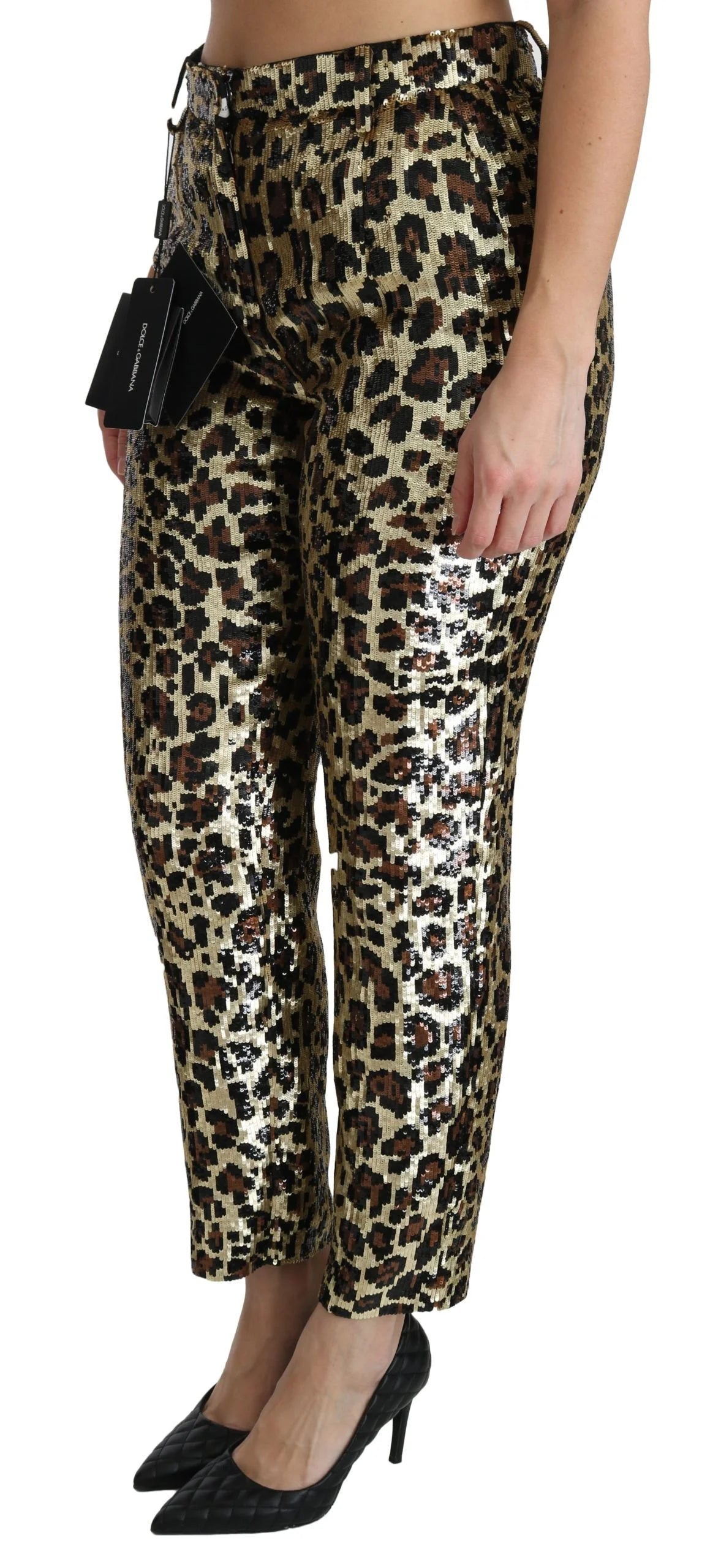 Dolce & Gabbana Brown Leopard Sequined High Waist Pants - Trousers