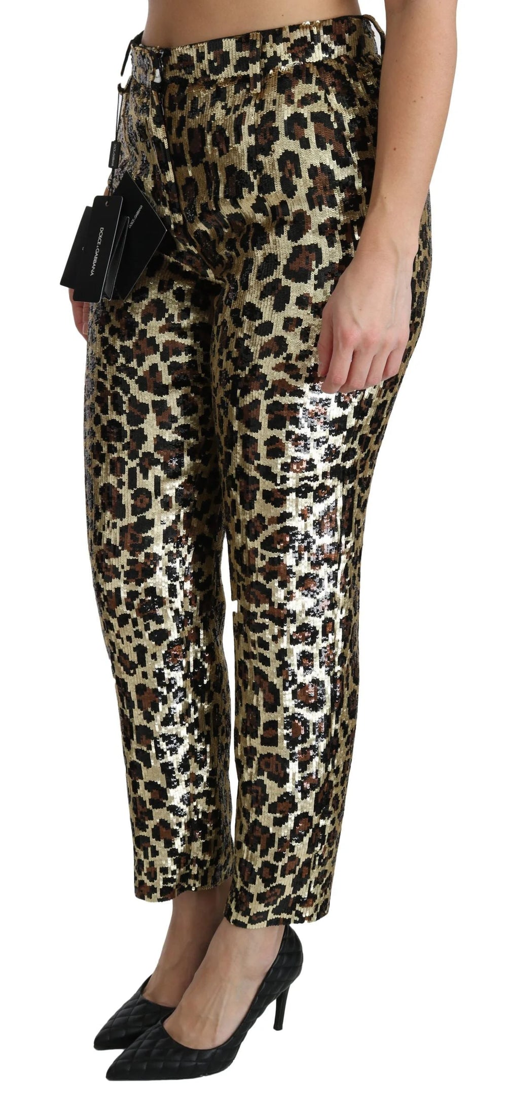 Dolce & Gabbana Brown Leopard Sequined High Waist Pants - Trousers