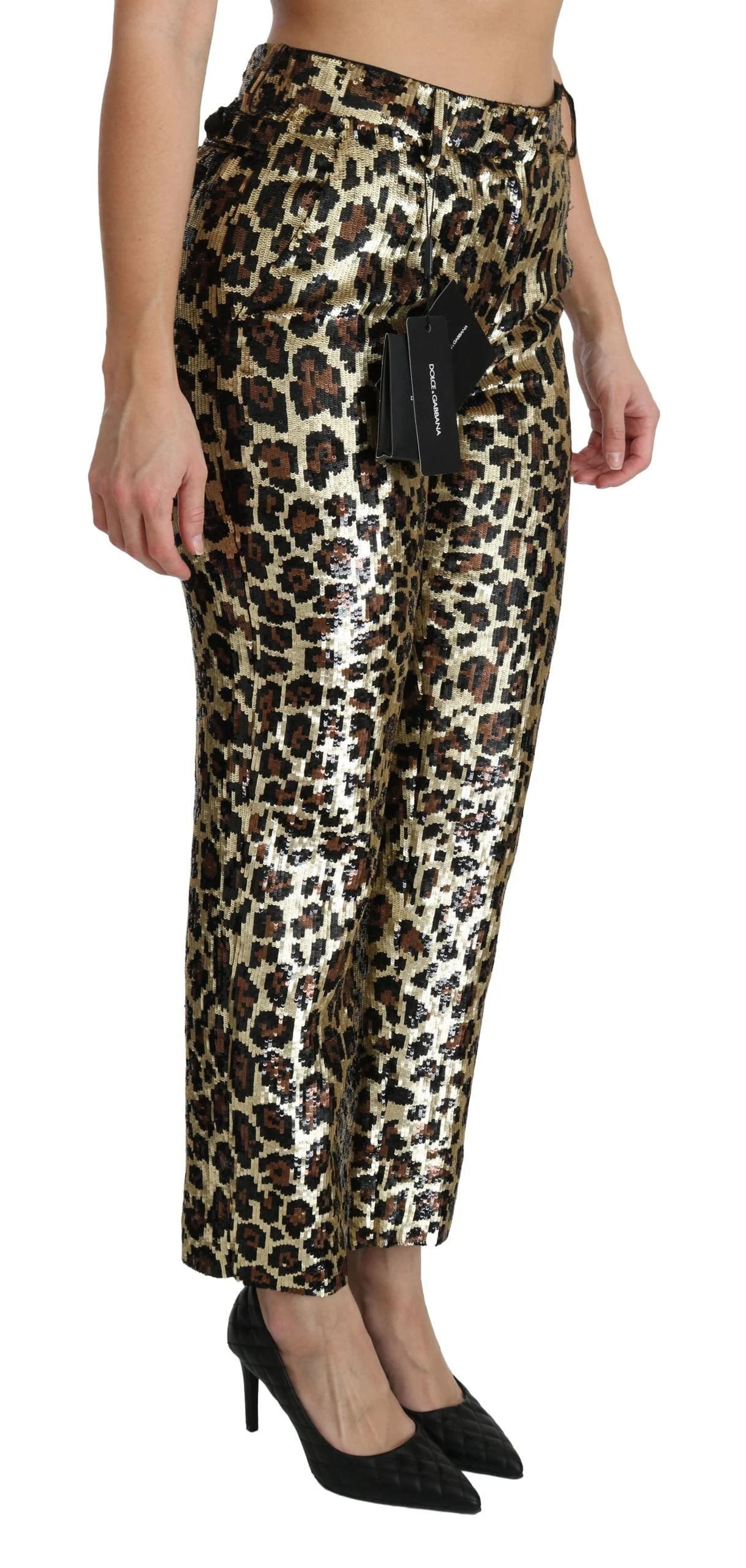 Dolce & Gabbana Brown Leopard Sequined High Waist Pants - Trousers