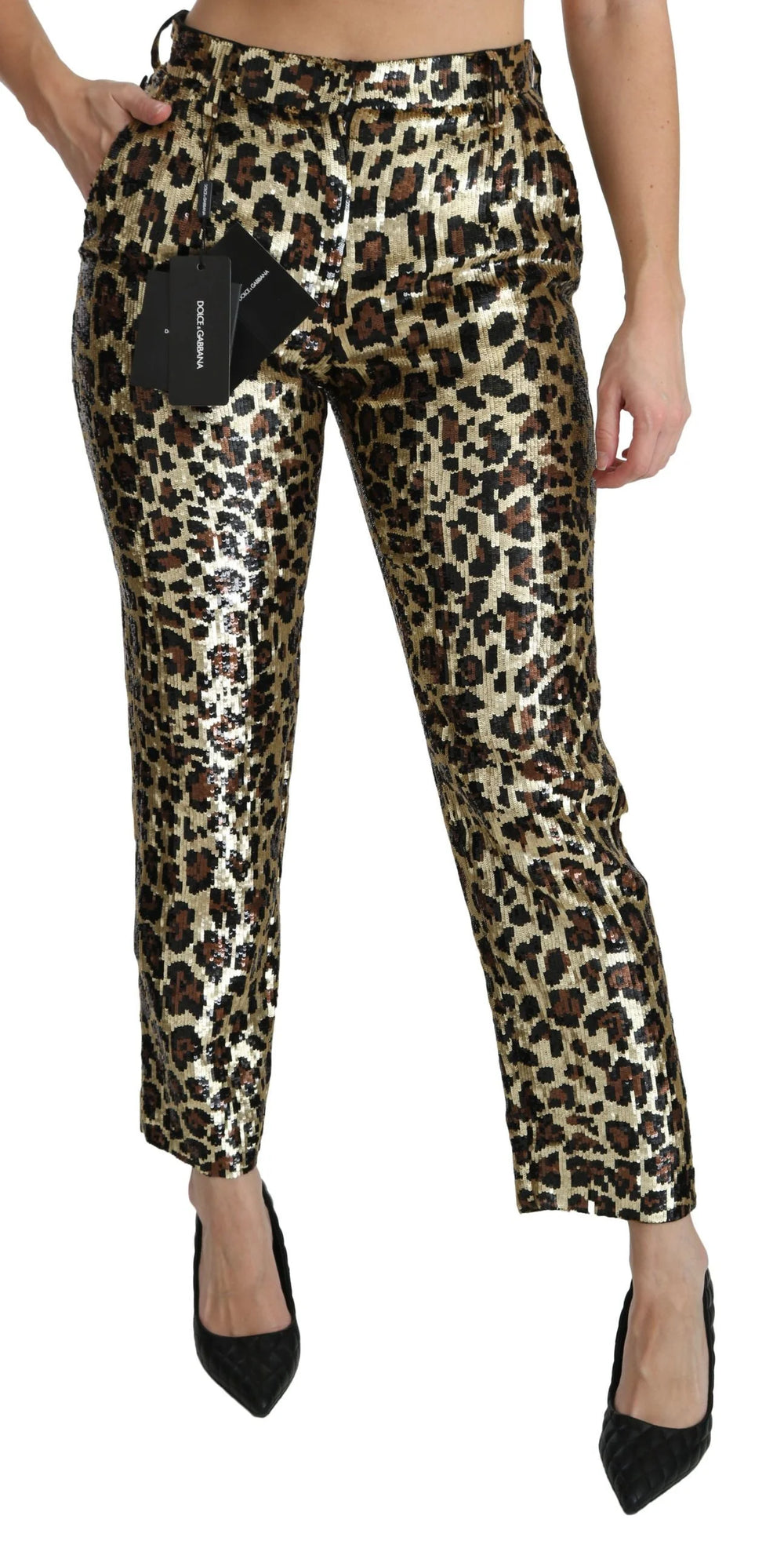 Dolce & Gabbana Brown Leopard Sequined High Waist Pants - Trousers