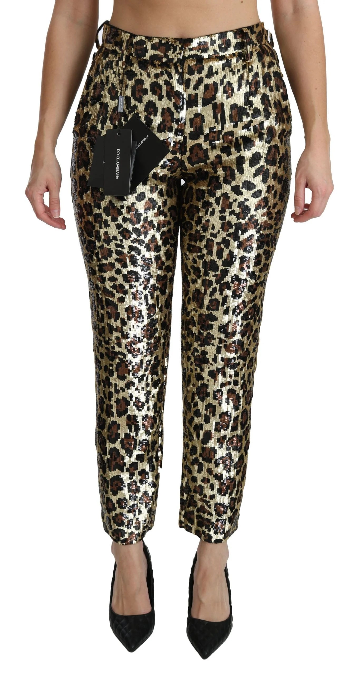 Dolce & Gabbana Brown Leopard Sequined High Waist Pants - Trousers