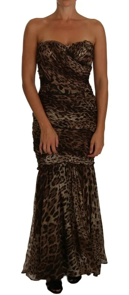 Dolce & Gabbana Brown Leopard Silk Chiffon Ruched Mermaid Maxi Dress - IT42|M - Dresses