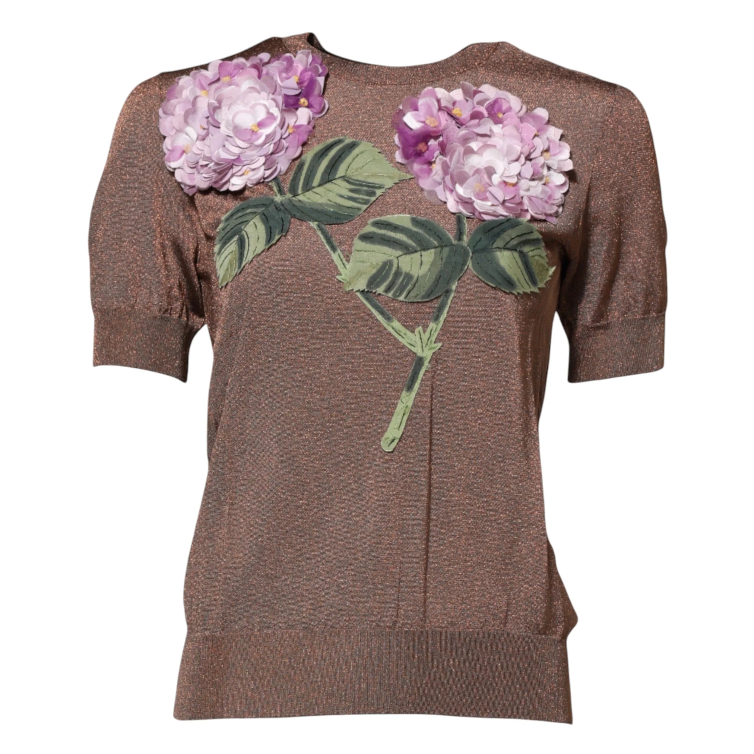 Dolce & Gabbana Brown Lily Embellished Round Neck Blouse Top - IT36|XXS