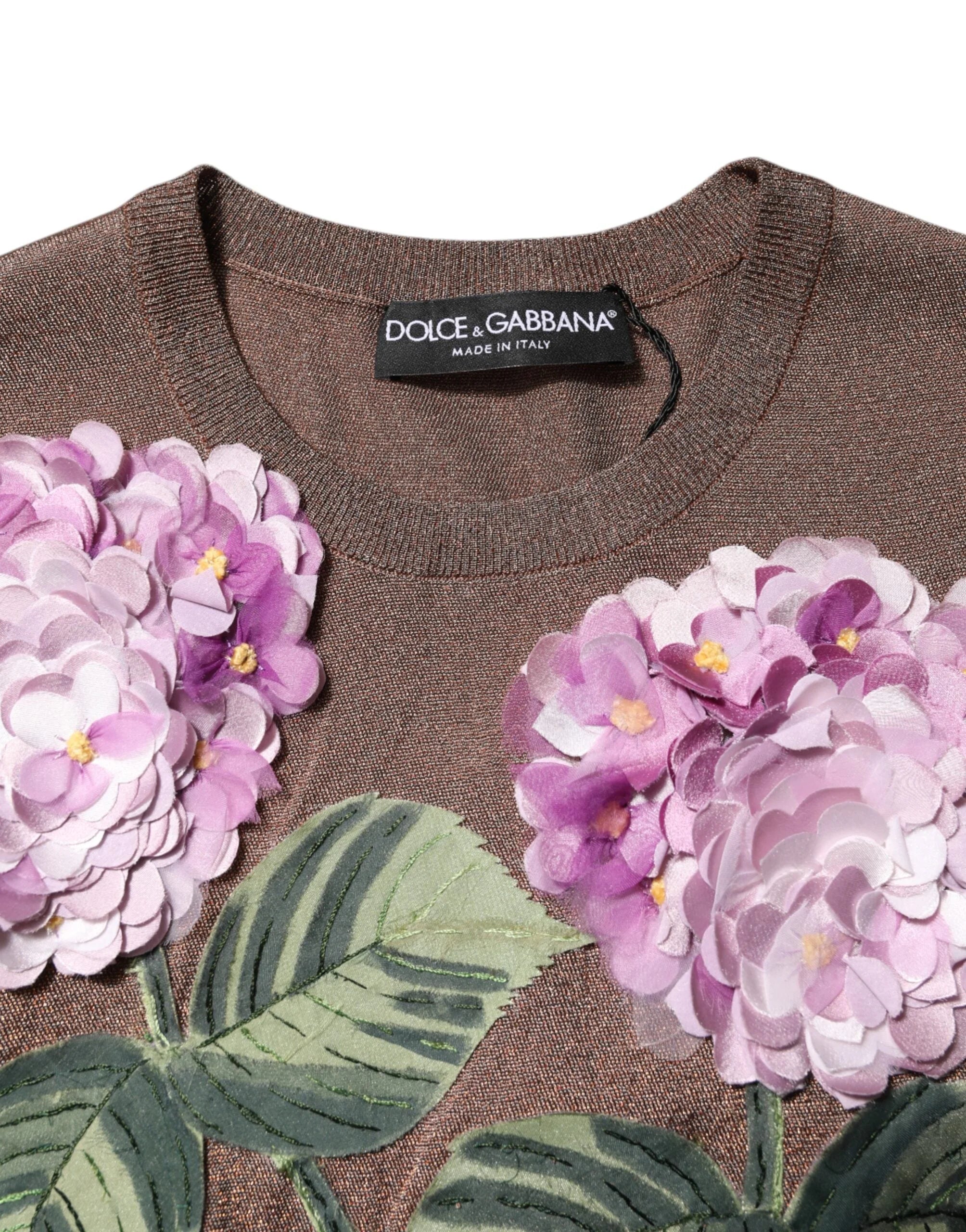 Dolce & Gabbana Brown Lily Embellished Round Neck Blouse Top - IT36|XXS
