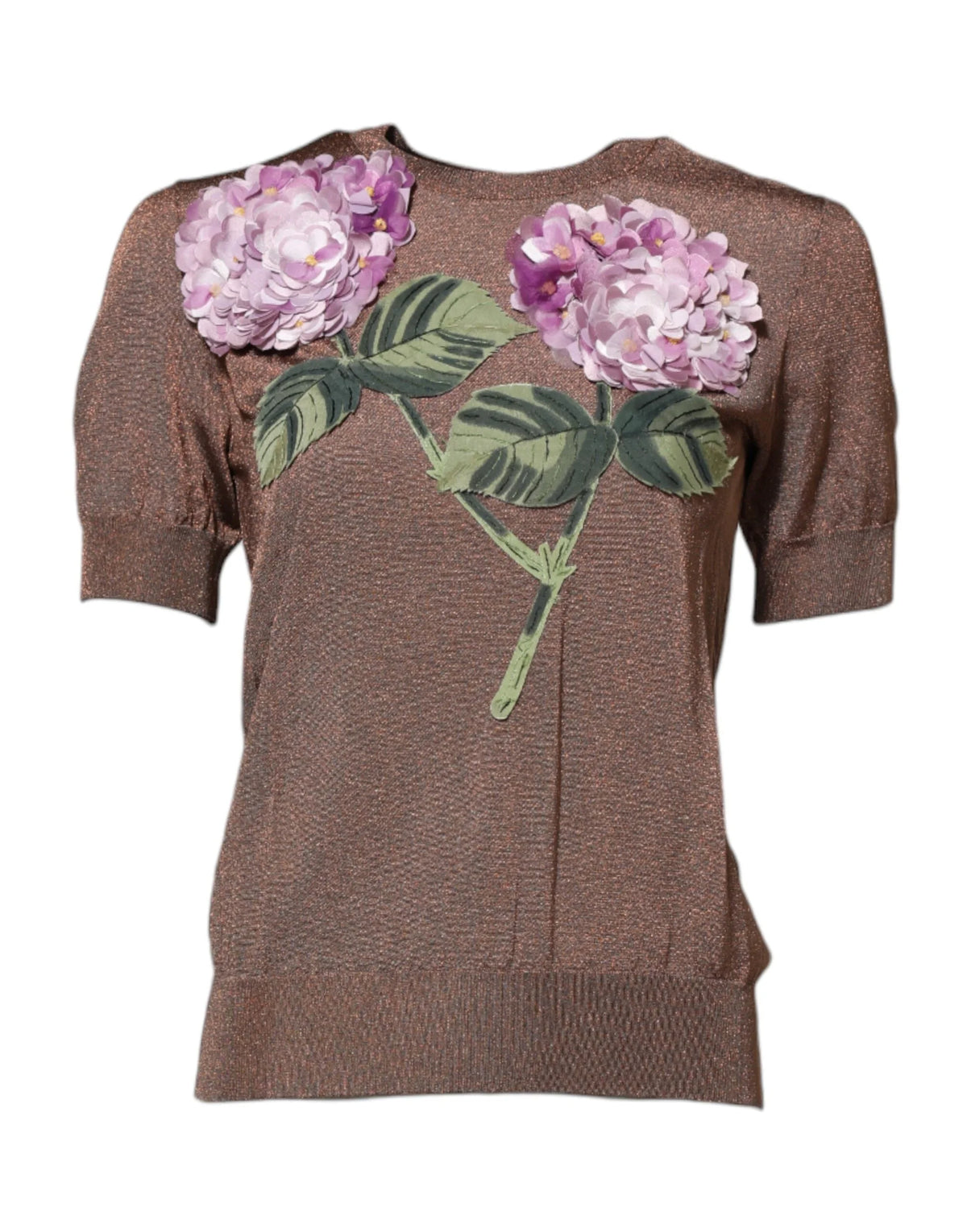 Dolce & Gabbana Brown Lily Embellished Round Neck Blouse Top - IT36|XXS