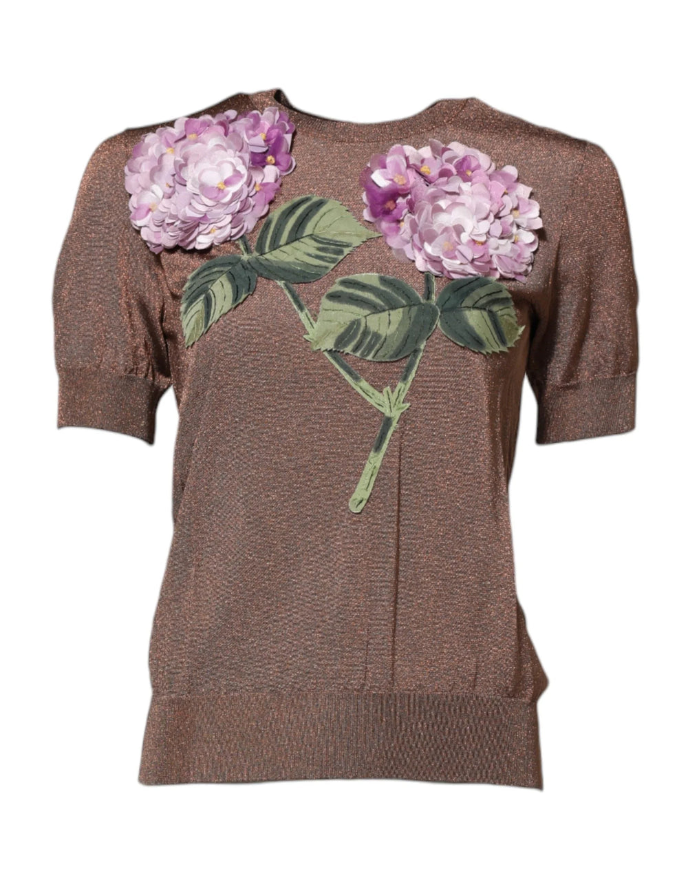 Dolce & Gabbana Brown Lily Embellished Round Neck Blouse Top - IT36|XXS - Blouses