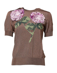 Dolce & Gabbana Brown Lily Embellished Round Neck Blouse Top - IT36|XXS - Blouses