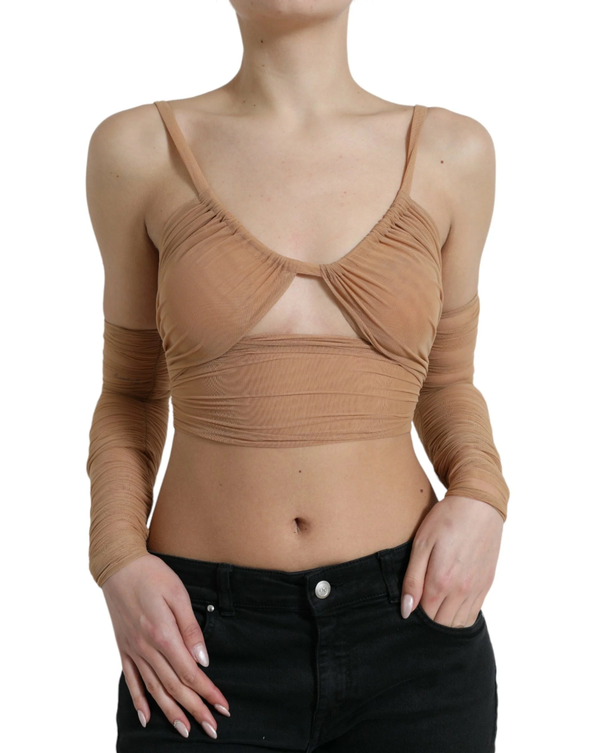 Dolce & Gabbana Brown Nylon Stretch Open Shoulder Cropped Top - IT40|S - Tank Tops