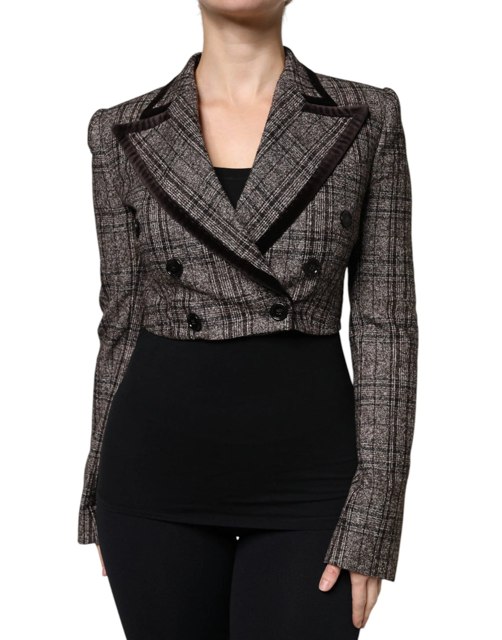Dolce & Gabbana Brown Plaid Long Sleeve Cropped Coat Jacket - IT40|S - Sport Jackets