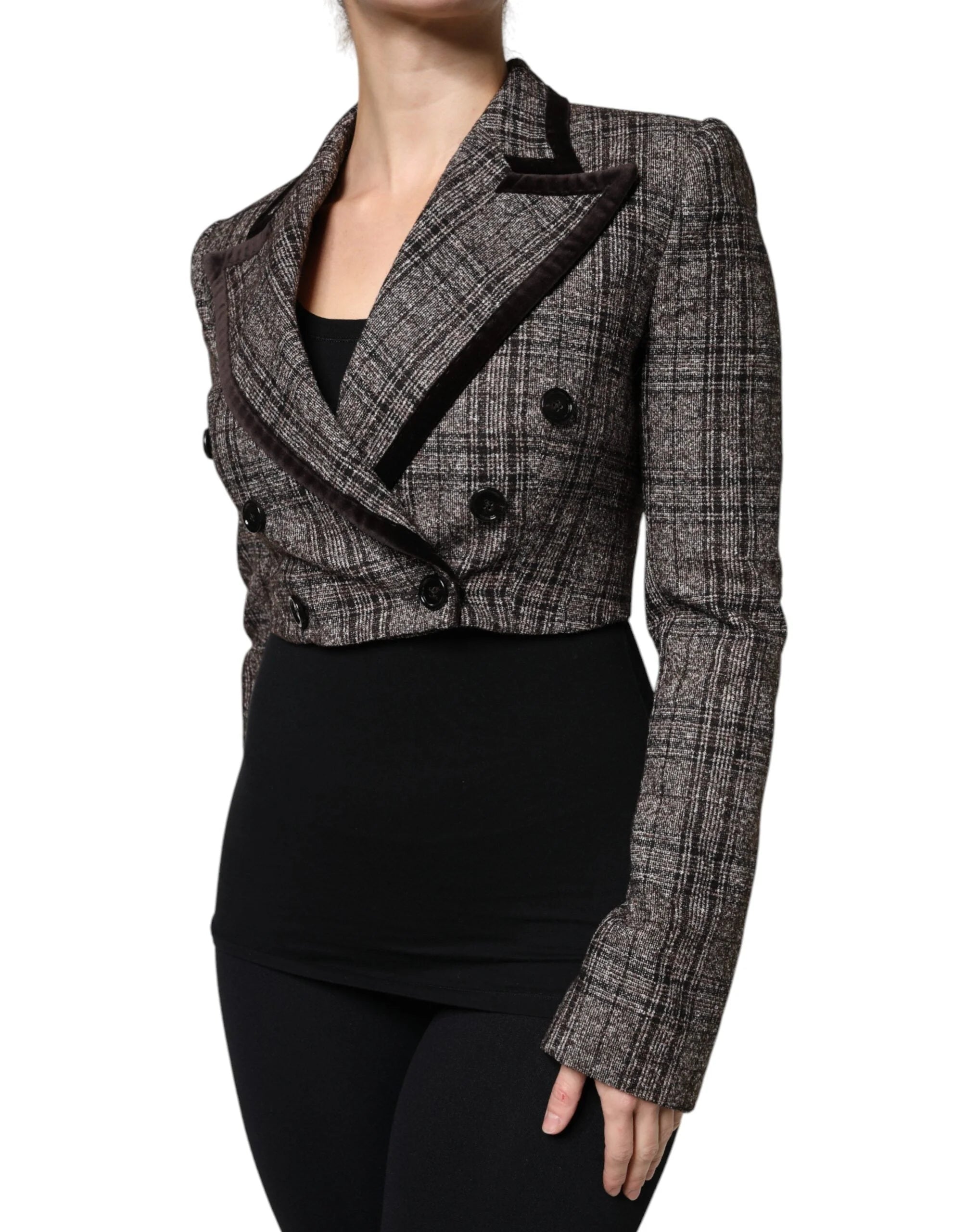 Dolce & Gabbana Brown Plaid Long Sleeve Cropped Coat Jacket - IT40|S - Sport Jackets