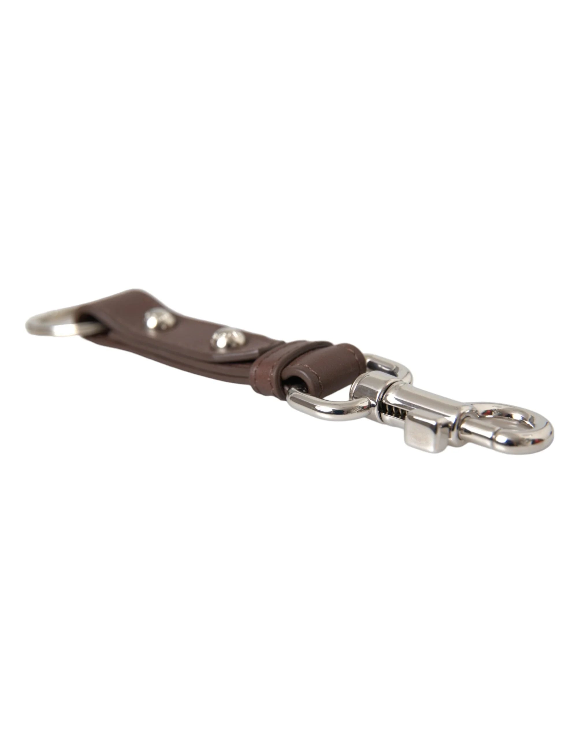 Dolce & Gabbana Brown Plain Leather Silver Brass Keyring Holder Keychain - Keychains
