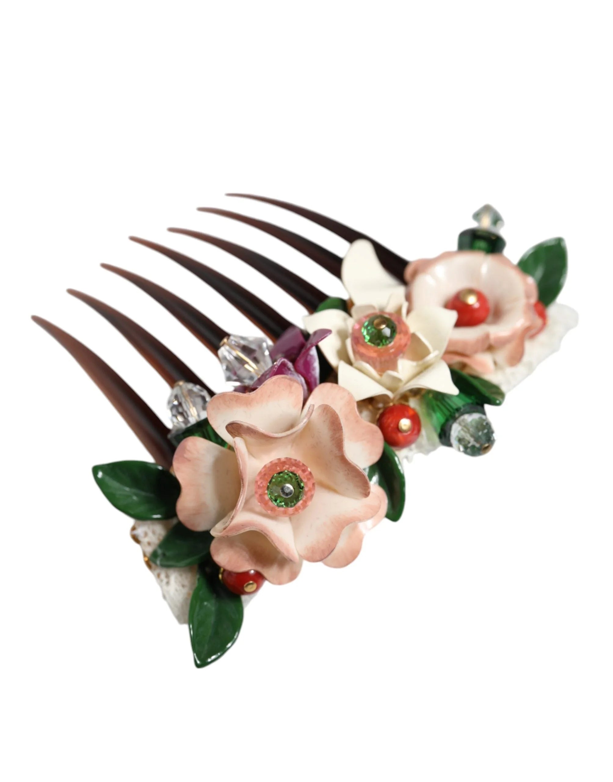 Dolce & Gabbana Brown Plastic Crystal Floral Women Hair Comb - Hair Combs
