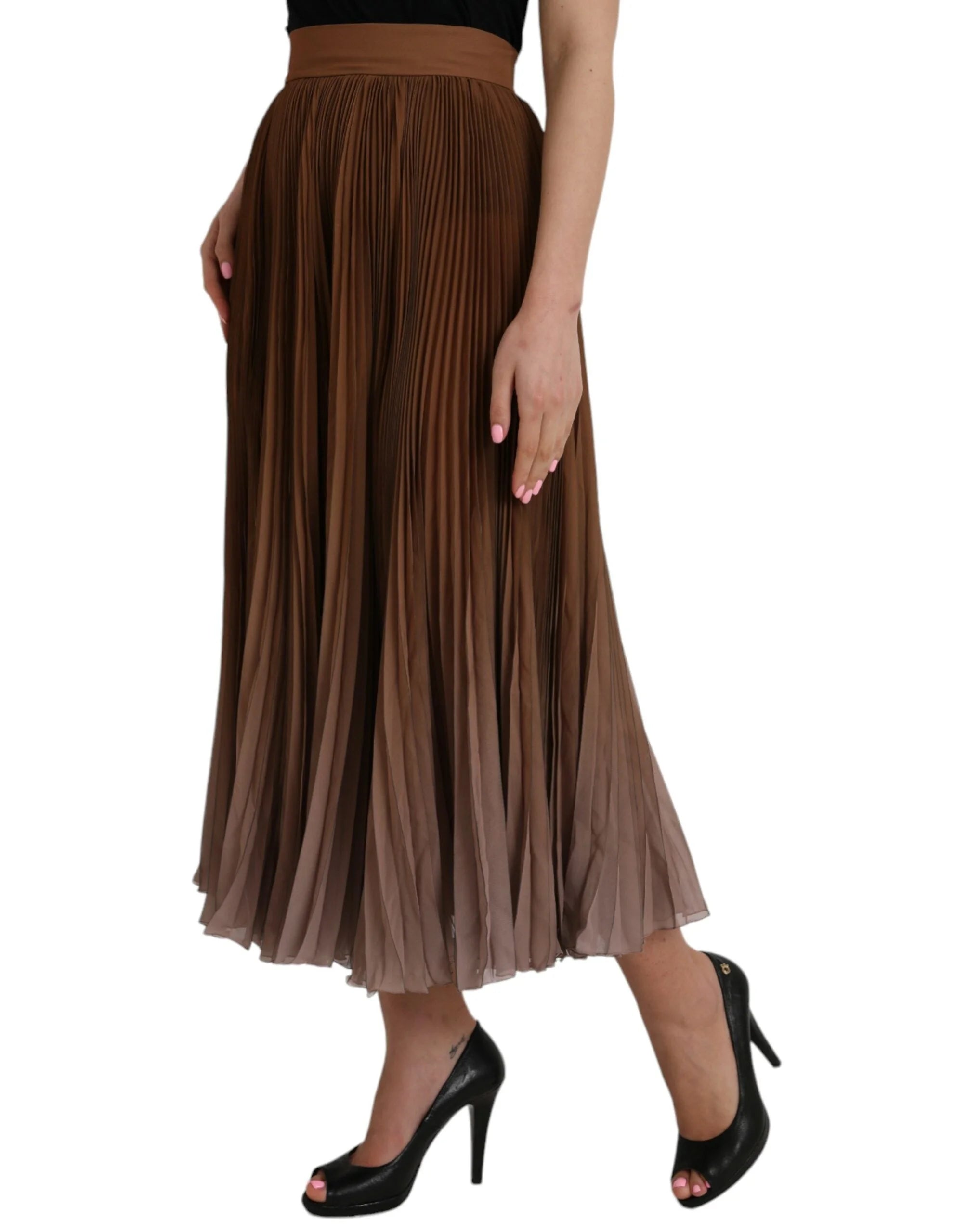 Dolce & Gabbana Brown Polyester Pleated High Waist Midi Skirt - IT40|S - Skirts