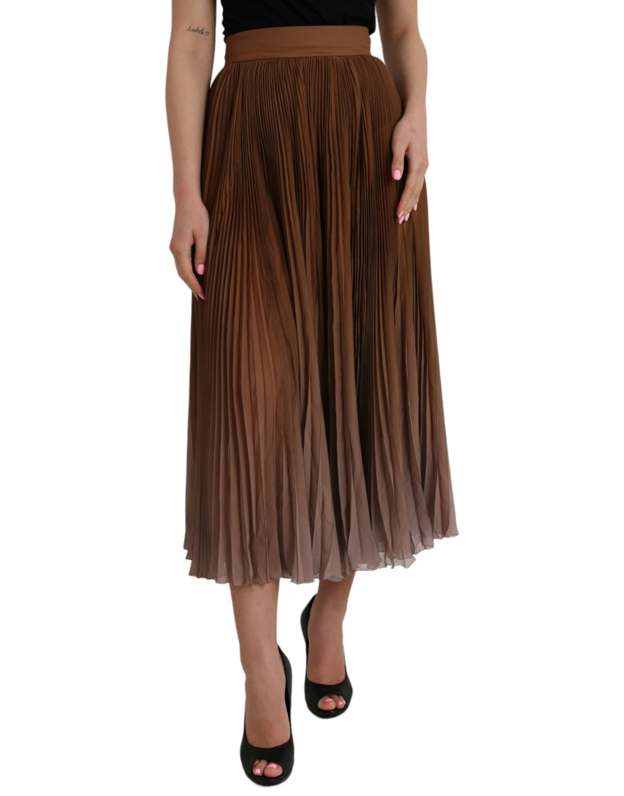Dolce & Gabbana Brown Polyester Pleated High Waist Midi Skirt - IT40|S - Skirts